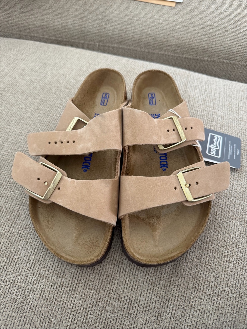 Birkenstock Tan Suede Two-Strap Sandals with Gold Buckles